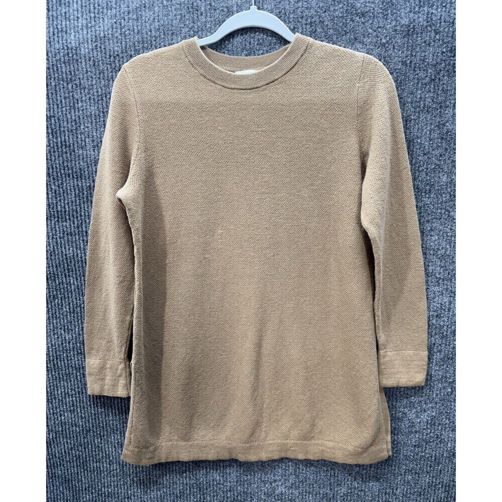 J Jill Waffle Knit Top Womens Small Tan Silk Wool Blend Button Sleeve Split Hem